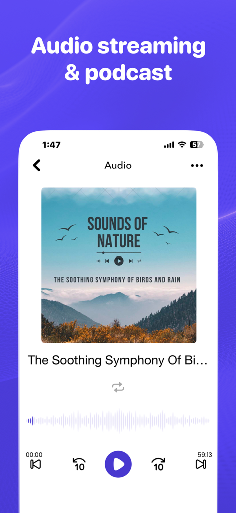 Soundbook Audio: Books & Music - Interface of the Soundbook Audio app showing a podcast and music player with playback controls and a nature sounds cover.