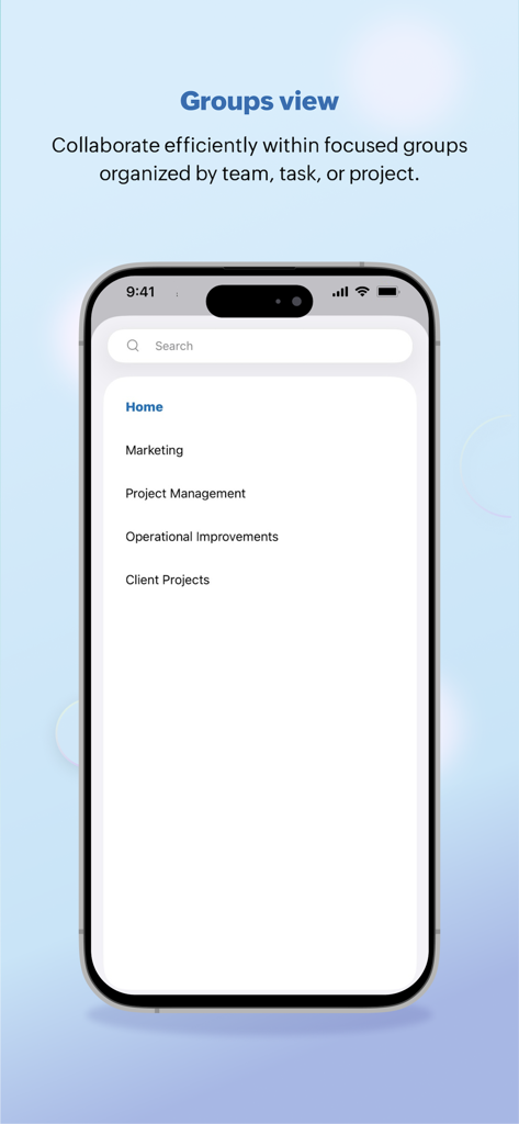 Streams - for Zoho Mail - Interface of the Streams for Zoho Mail app showing a list of organized team groups such as Marketing and Project Management