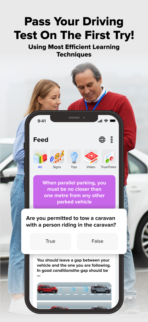 Driving Theory Test Prep 2025 - Interfaz de la aplicación de preparación para el examen teórico de conducir que muestra preguntas de práctica y categorías de estudio.