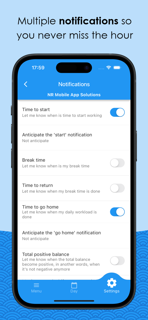Easy Time Tracker ◴ - Notification settings for work shifts and breaks in the Easy Time Tracker app