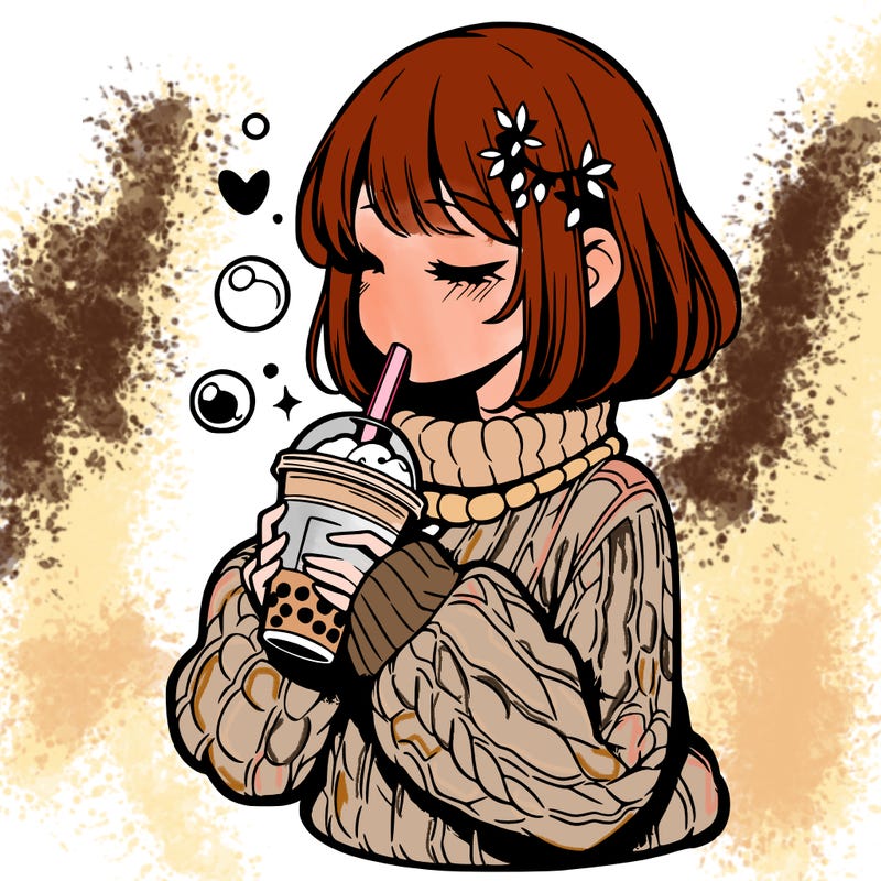 manga girl drinking boba in cozy sweater
