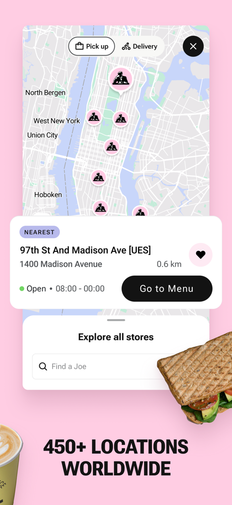 Joe and The Juice app screen showing a map of store locations in New York City with the nearest cafe highlighted