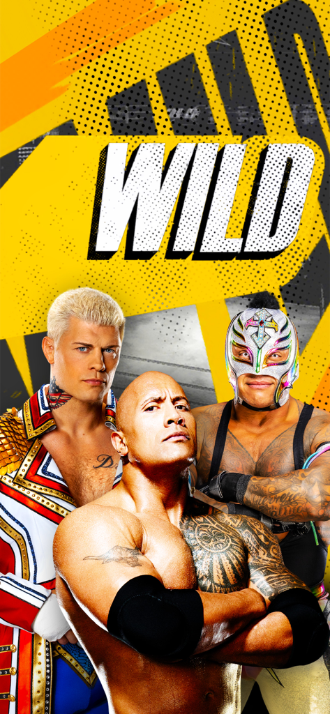 WWE SuperCard - Wrestling Game - Les superstars de la WWE Cody Rhodes, The Rock et Rey Mysterio devant un fond jaune Wild