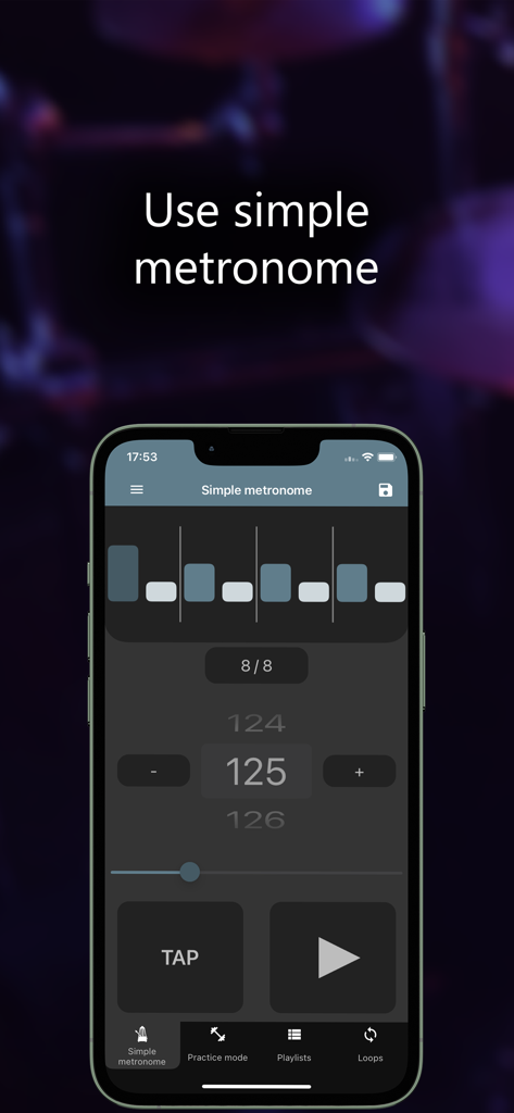 Camtronome - Pro Metronome - Smartphone screen displaying the simple metronome interface of the Camtronome app with tap tempo and visual beat indicators