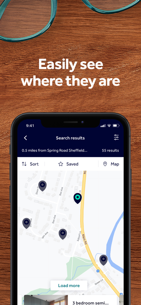 Rightmove property search - 地図上に検索結果の不動産が表示され、場所のピンが立っているRightmoveアプリインターフェース