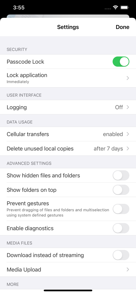 Interfaz de configuración de la aplicación ownCloud Online que muestra opciones de seguridad y uso de datos