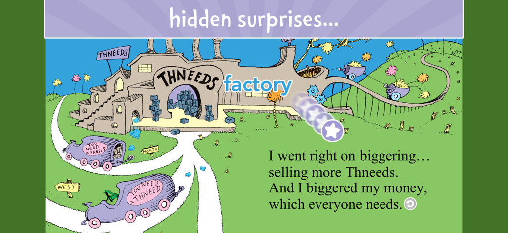 The Lorax by Dr. Seuss - An interactive scene from The Lorax app showing the Thneeds factory with hidden surprises and story text