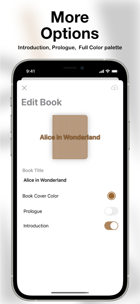 eScribo - Smartphone display of the eScribo app Edit Book screen showing title and cover customization
