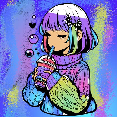 manga girl drinking boba in cozy sweater