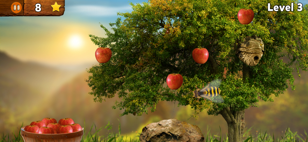 A child educational game screen showing a tree with red apples, a bee, a beehive, and a basket for picking fruit.