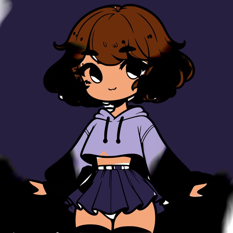 cute femboy with short, fluffy hair that softly frames their face, wearing a cropped hoodie, paired with a flouncy short skirt, and thigh-high stockings