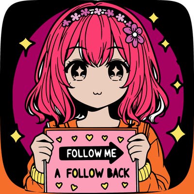 a picture of an anime girl holding a sign that says follow me for a follow back