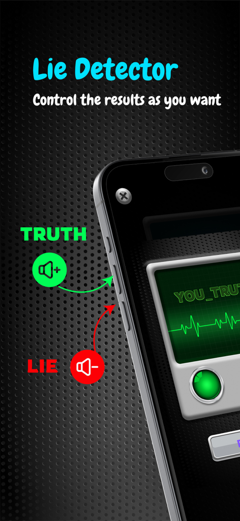 Test Lie Detector for Prank - Lie detector prank app interface showing how to secretly control truth or lie results using the phone volume buttons