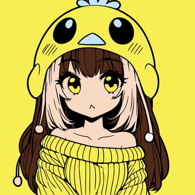anime girl with chick shaped hat with sweater with bare shoulders with bangs covering them one eye with low tail