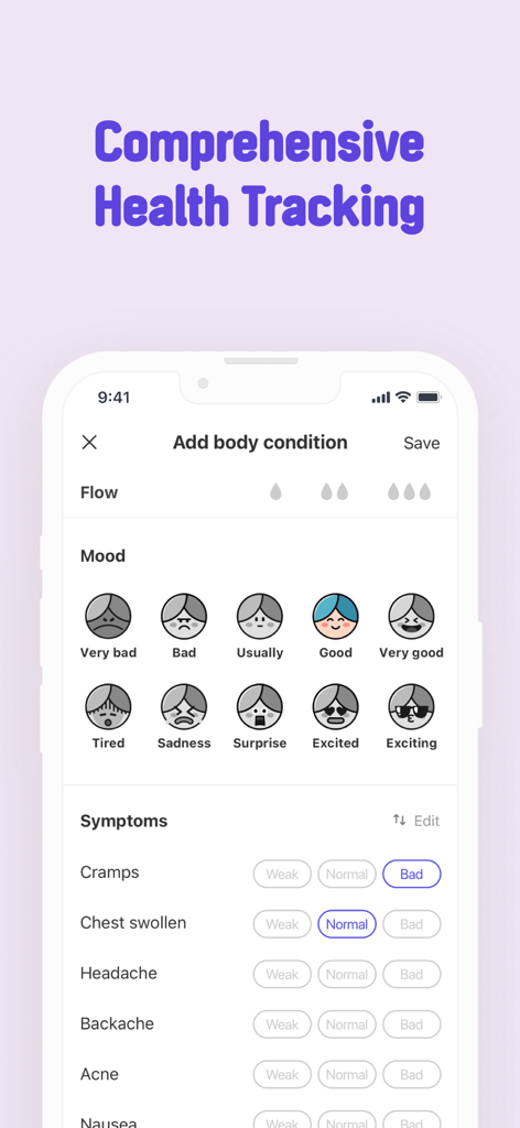 Comprehensive health tracking screen in the Bom Calendar app showing mood icons and physical symptoms logs