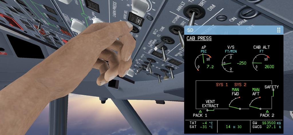 Interaktive Airbus A330 Cockpit-Trainingssimulation, die Kabinendrucksysteme und das Overhead-Panel zeigt