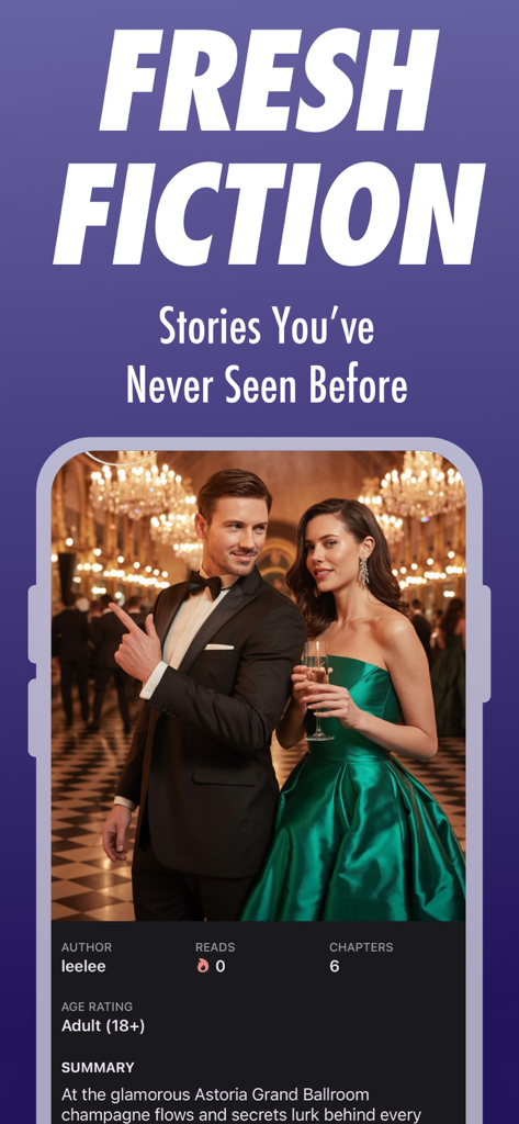 Jupi Novels & Booktok - Eine Romantik-Roman-Oberfläche in der Jupi Novels App mit einem Paar in eleganter Kleidung auf einem glamourösen Ball.