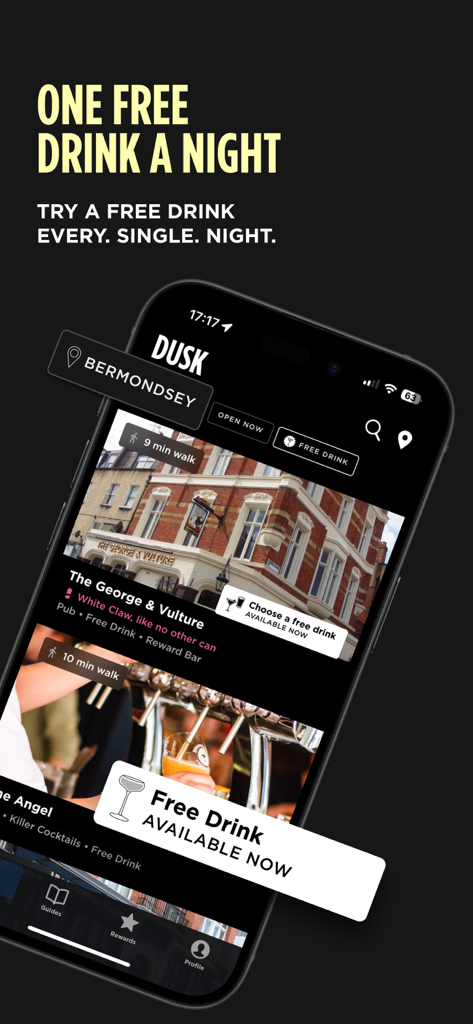 DUSK - Drinks, Deals & Rewards - DUSK app screenshot showing free drink offers and bar discovery in Bermondsey