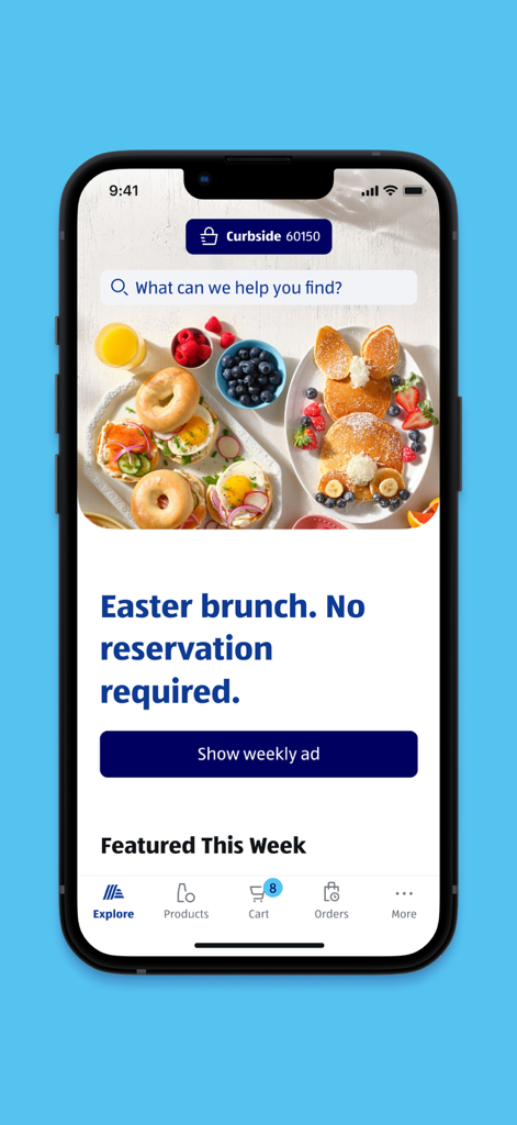 ALDI USA app home screen displaying a search bar seasonal Easter brunch food features and access to weekly ads