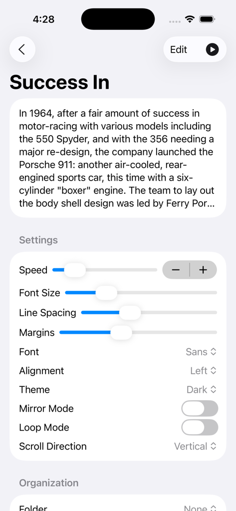 Teleprompter Studio - Pantalla de configuración de Teleprompter Studio que muestra opciones de personalización de guiones para la velocidad de desplazamiento, tamaño de fuente, espaciado de línea y modo espejo