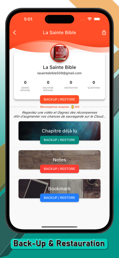 La Sainte Bible Multilangue - Screenshot of the backup and restore feature in the La Sainte Bible Multilangue app allowing users to save their notes and reading progress