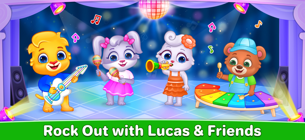 Lucas and Friends cartoon characters playing musical instruments on a stage with a disco ball