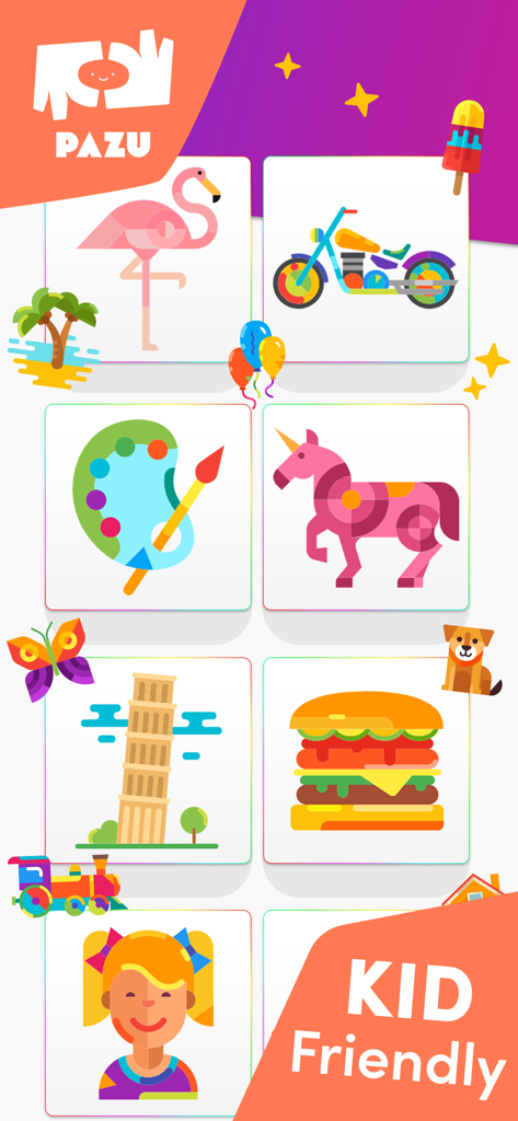 Coloring games - for toddlers - 様々でカラフルなキャラクターやオブジェクトが登場する、幼児向けのお絵かき帳インターフェース