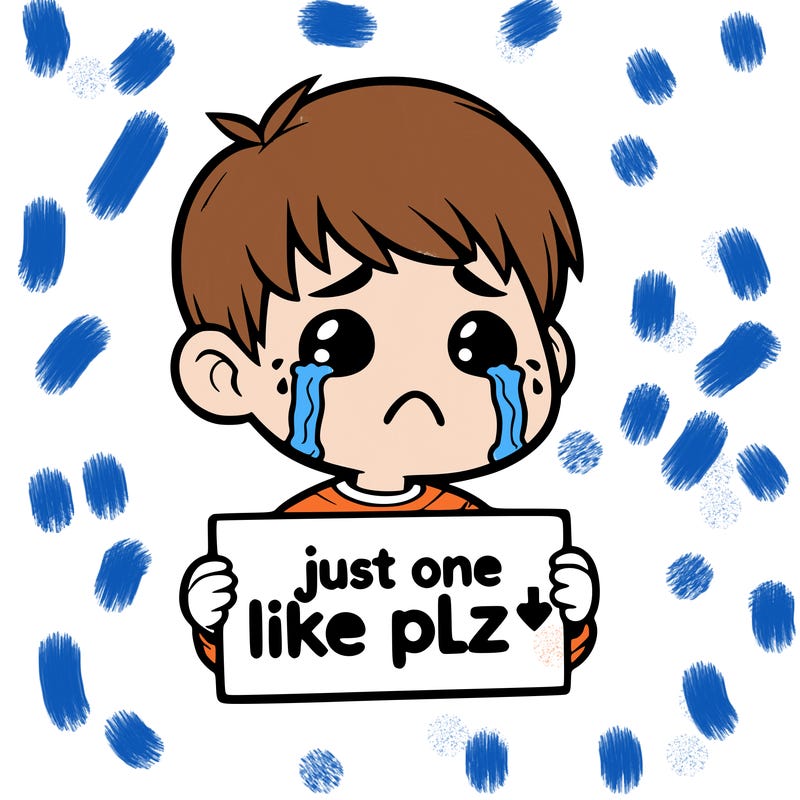 realistic crying boy with a sign saying just one like plz