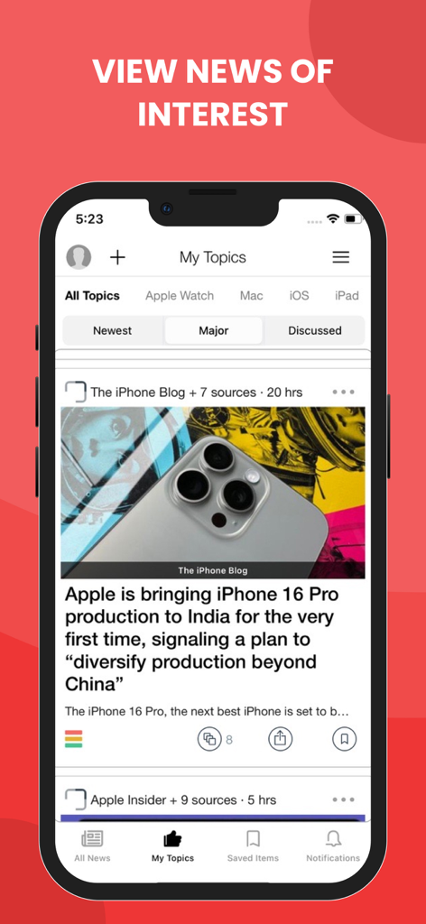 Personalized Apple news feed in the iNews from Cupertino app showing latest iPhone articles