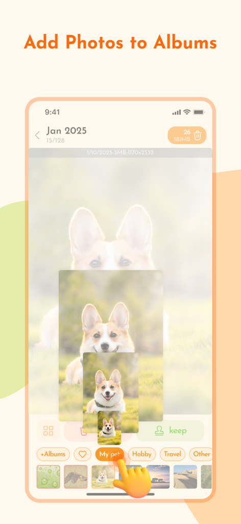 Interfaz de la aplicación Doggy Cleaner que muestra cómo organizar manualmente las fotos agregándolas a la categoría de álbum 'Mis mascotas'.