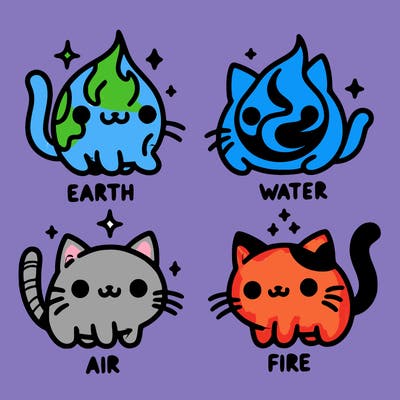 4 cats that represent the different elements, earth, water, air, and fire