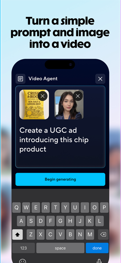 HeyGen: AI Video Generator - Uno schermo mobile che mostra la funzione Video Agent di HeyGen che genera un video annuncio UGC da un prompt di testo e un'immagine del prodotto.