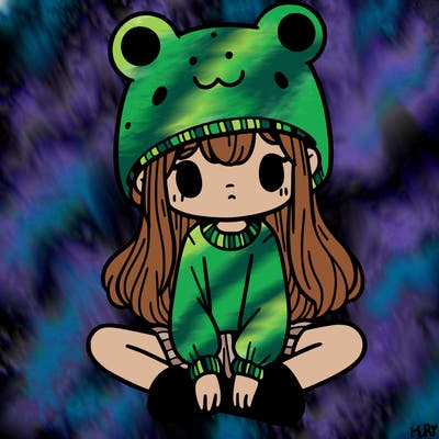 a girl wearing a frog hat and some frog socks