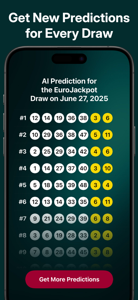 EuroJackpot AI Predictor - Interfaz de aplicación móvil mostrando múltiples filas de predicciones de números de lotería EuroJackpot generadas por IA