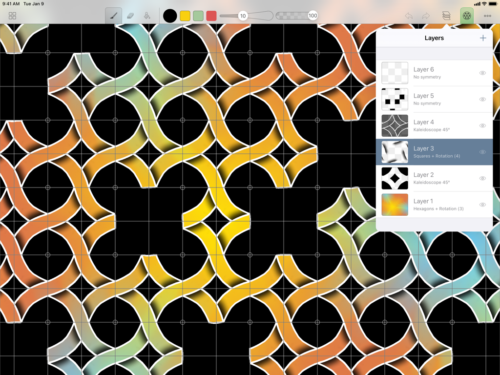 Amaziograph - Amaziograph iPad 앱 인터페이스에 레이어 메뉴가 열린 다채로운 기하학적 패턴 표시