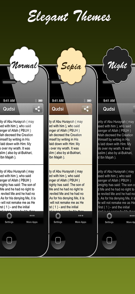 Al Hadith Al Qudsi - Al Hadith Al Qudsi app showing Normal Sepia and Night reading themes