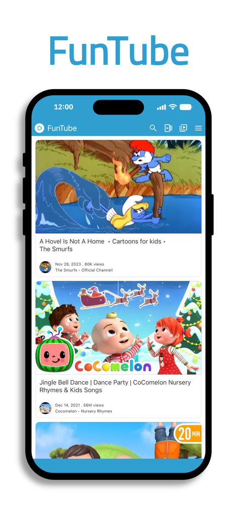 FunTube. - FunTube app interface showing a curated video feed with educational cartoons for children