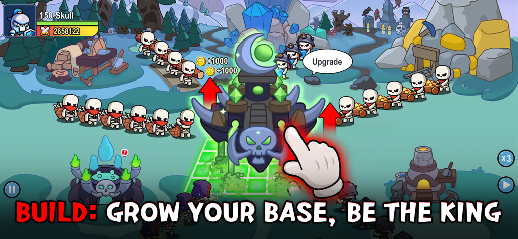 Skull Up mobile game screenshot showing undead castle base building and idle resource management gameplay