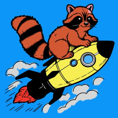 realistic raccoon flying on top rocket ship