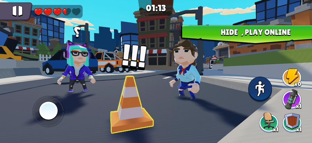 A gameplay screenshot showing characters in a city street looking at a player disguised as a traffic cone
