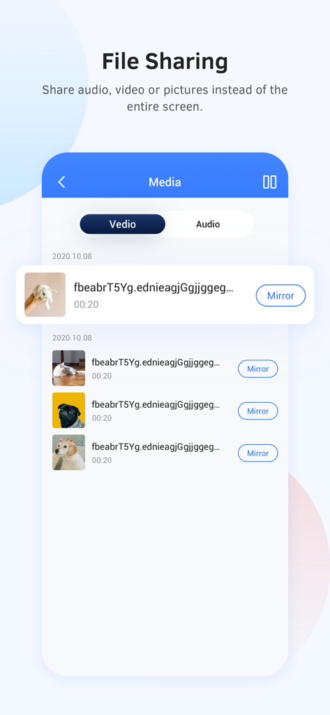 Interfaz de la aplicación Bytello Share que muestra la función de compartir archivos para reflejar medios específicos como video y audio