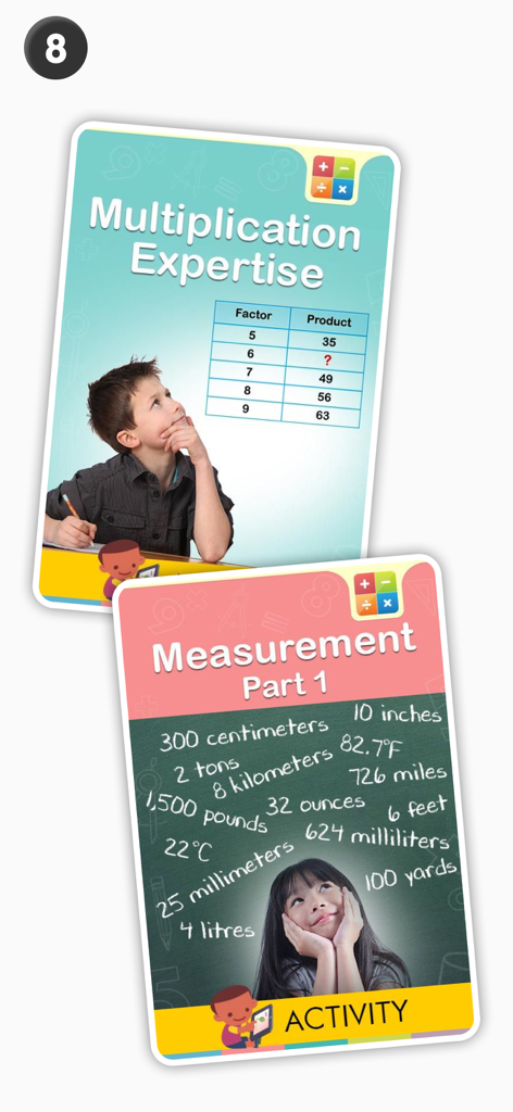 Multiplication and measurement activity screens from the 3rd Grade Math Learning Games app.