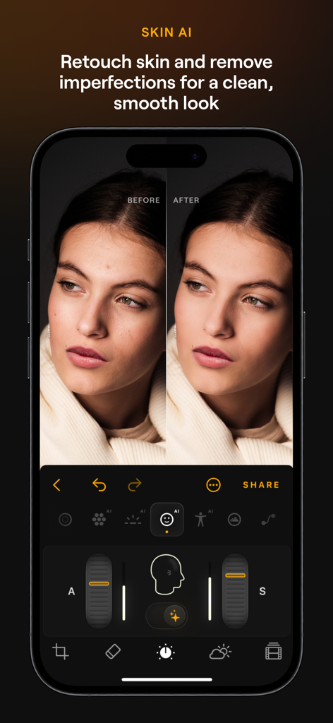 Luminar Mobile Skin AI feature showing before and after portrait skin retouching