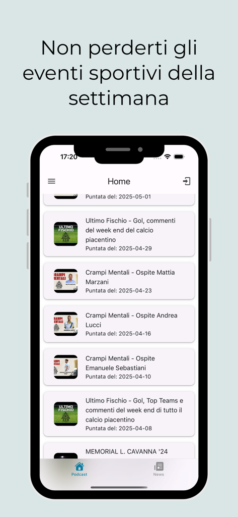 Pantalla de inicio de la aplicación PlayGo mostrando una lista de podcasts deportivos y eventos semanales