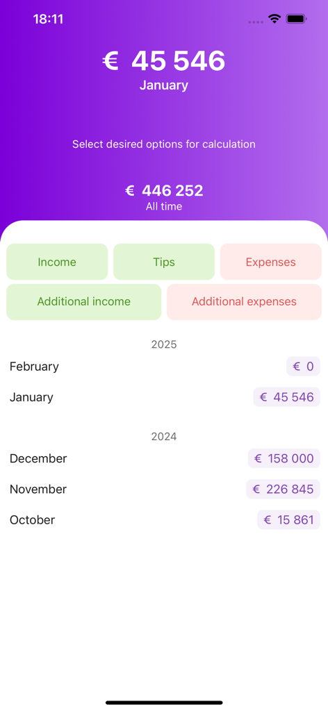 Check In Beauty - scheduler - Bildschirm der Check In Beauty App, der die Einkommens- und Ausgabenverfolgung nach Monat für unabhängige Beauty-Profis zeigt.