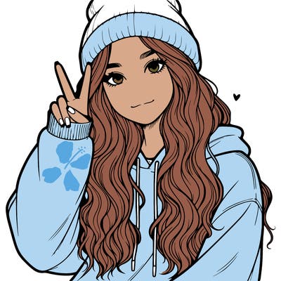 a teenage girl in a beanie, oversized sweatshirt, wavy long hair, and is showing a ✌️