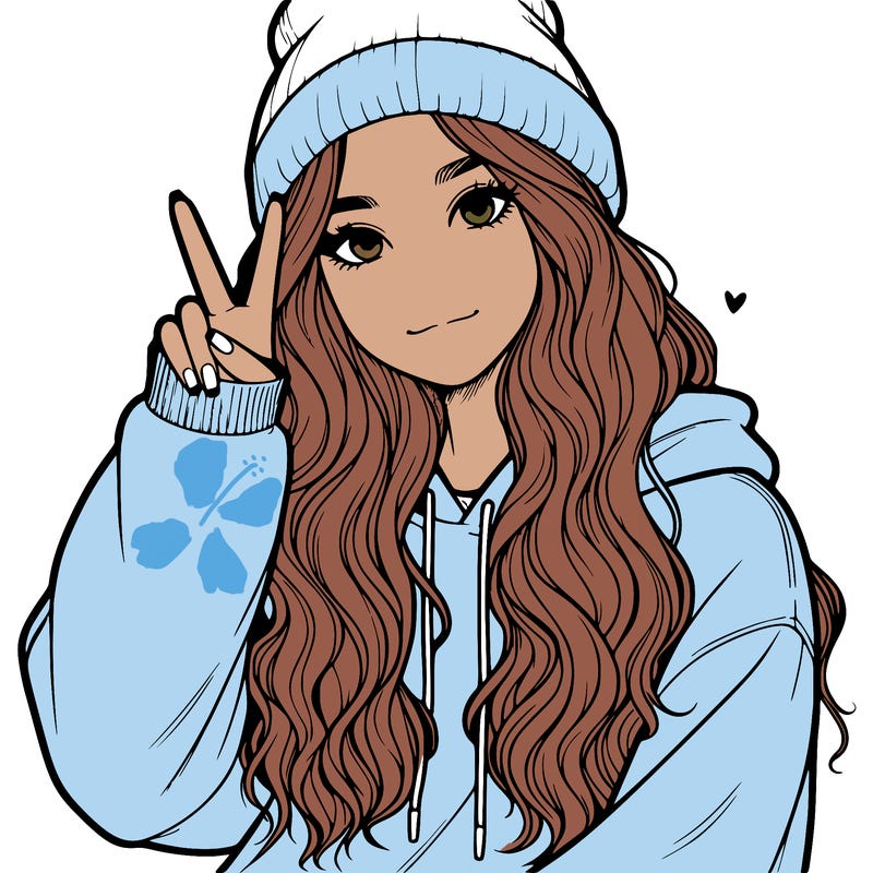 a teenage girl in a beanie, oversized sweatshirt, wavy long hair, and is showing a ✌️