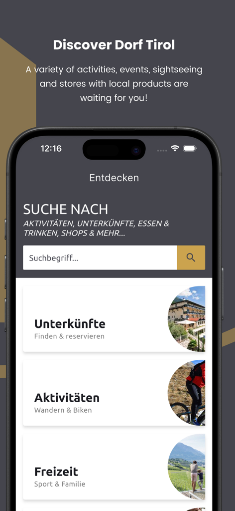Dorf Tirol - Official App - Dorf Tirol公式アプリの検索画面。アクティビティや宿泊施設を検索できます。