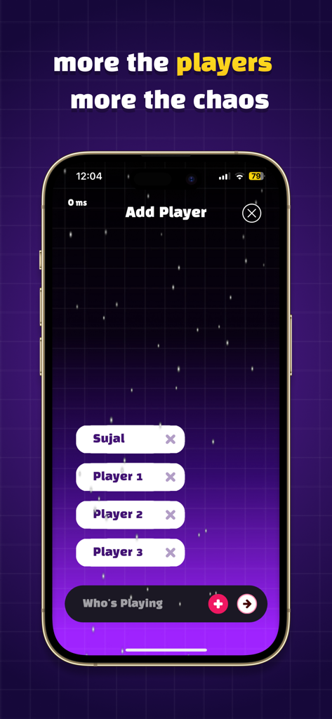Captura de pantalla de la pantalla de agregar jugadores en la aplicación Imposter Party.