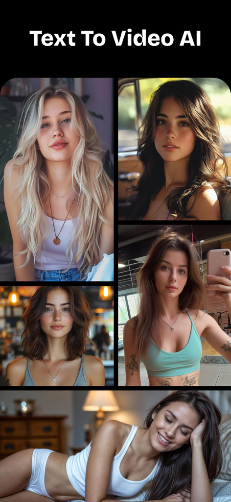 Text To Video AI - Vixora - Collage of realistic AI generated portraits of women shown in the Vixora app interface